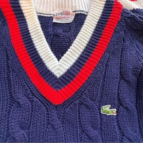 Vintage IZOD LACOSTE Cable Knit V-neck Sweater Blue with Red & White Size XL - Picture 5 of 13